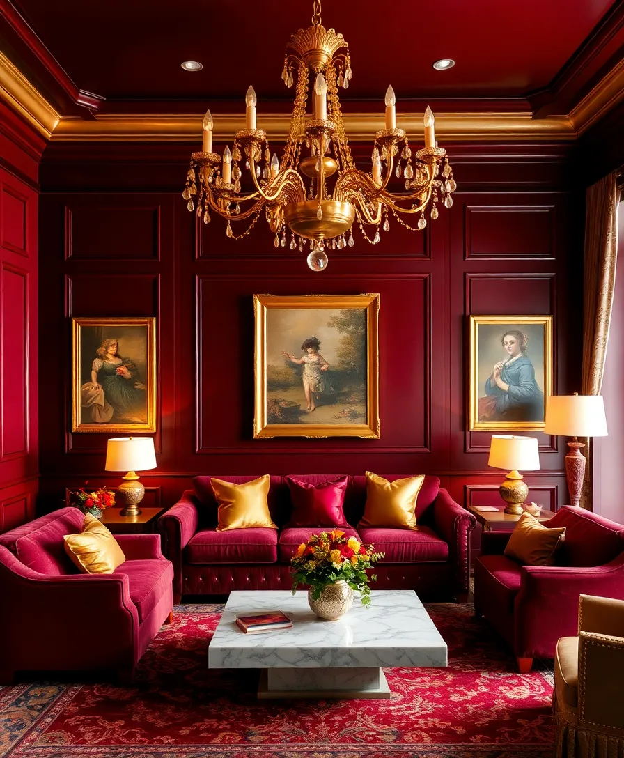 21 Cosy Living Room Ideas in Warm Colours That Will Melt Your Heart! 8 21 Cosy Living Room Ideas in Warm Colours That Will Melt Your Heart! - 4. Rich Burgundy and Gold
