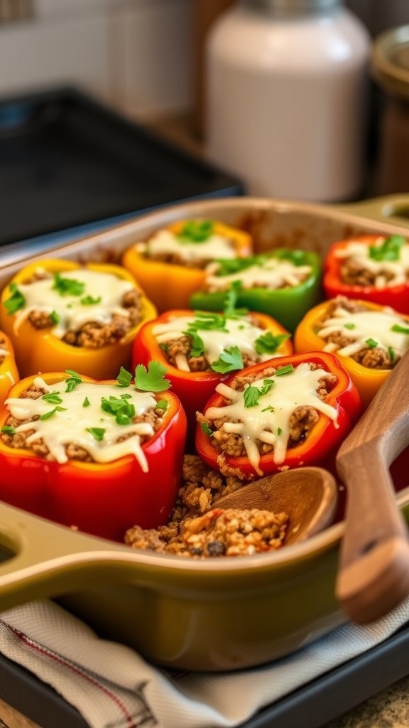 Stuffed pepper casserole with bell peppers, ground meat, rice, and cheese, garnished with parsley.