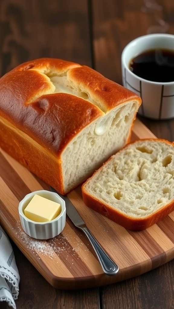 A delicious loaf of sweet bread sliced on a wooden board, with butter and powdered sugar on the side.