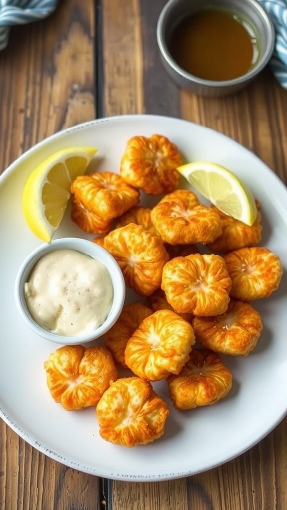 Crispy salmon bites served with lemon wedges on a plate, ready for a quick meal.