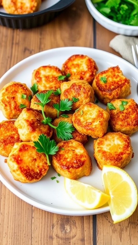 Crispy baked salmon bites on a plate, garnished with parsley and lemon.