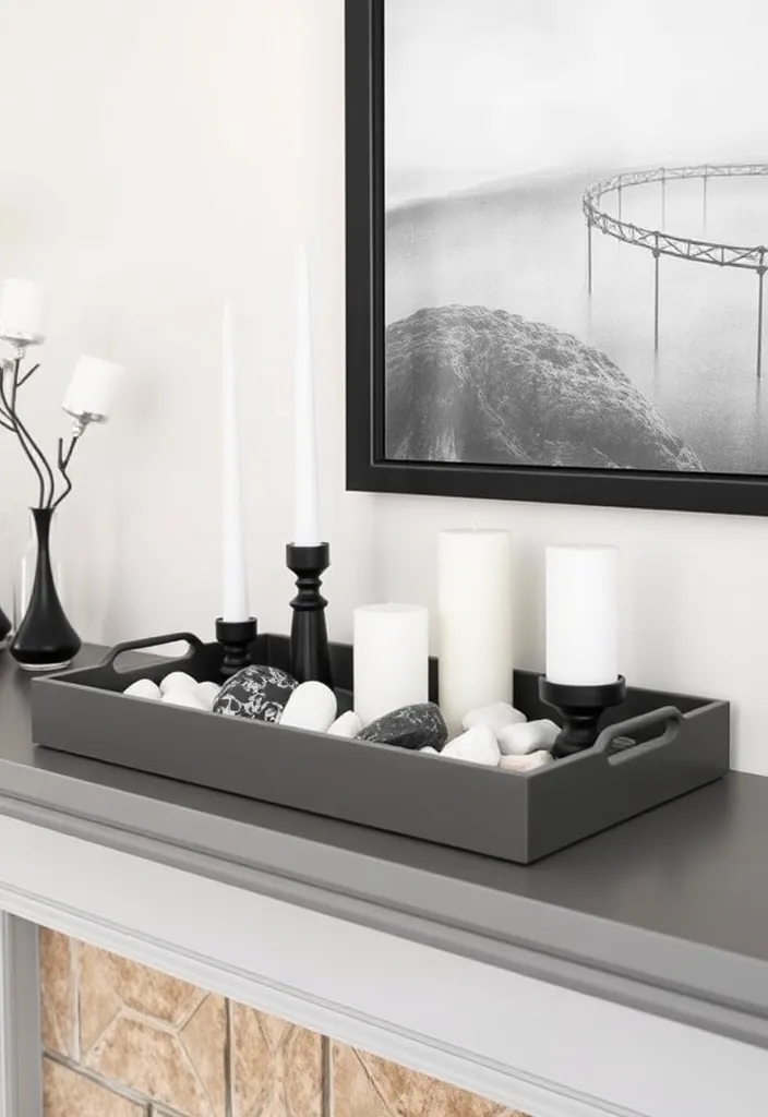 21 Minimalist Living Room Mantle Decor Ideas That Scream Elegance! 24 21 Minimalist Living Room Mantle Decor Ideas That Scream Elegance! - 21. Monochrome Decorative Trays