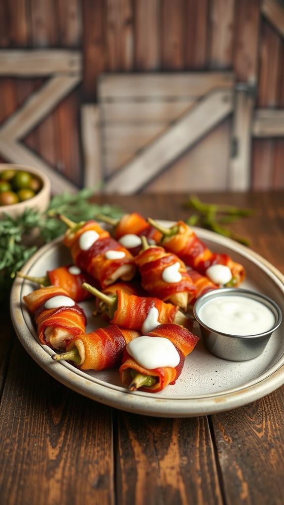 A plate of bacon-wrapped jalapeño poppers with dipping sauce, set against a rustic wooden background.