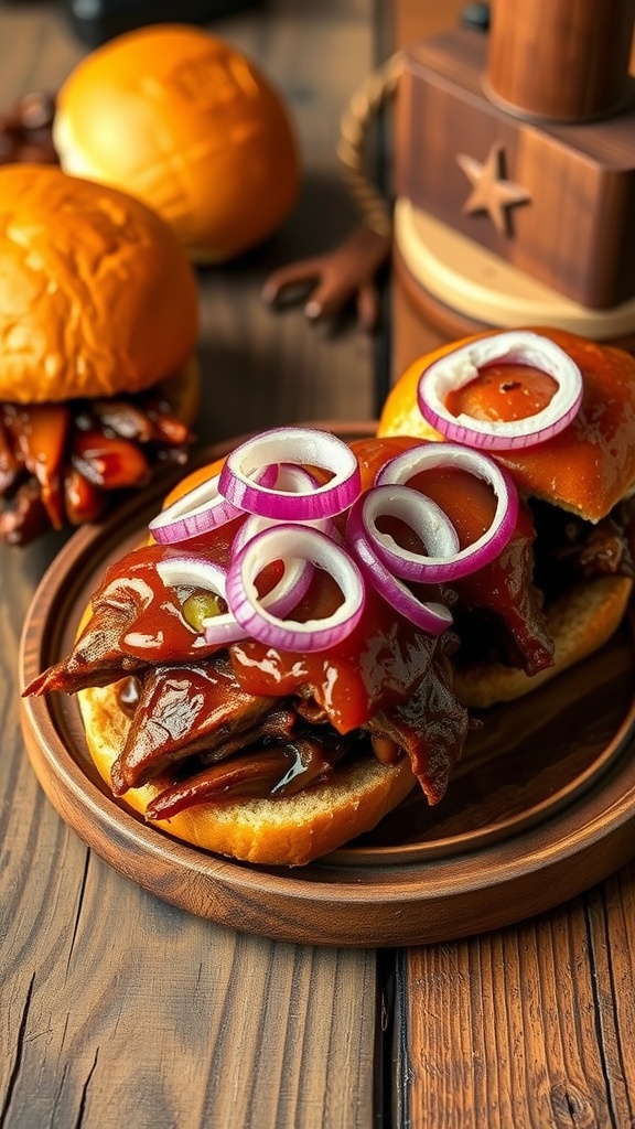 BBQ brisket sliders topped with pickled onions on a wooden plate.