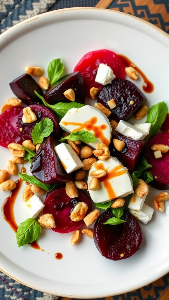 A vibrant beet and goat cheese salad with walnuts and mixed greens.