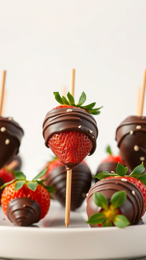 Delicious chocolate-covered strawberry skewers on a plate