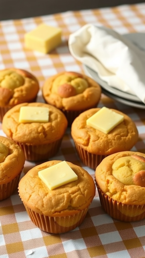 Delicious cornbread muffins topped with butter on a checkered tablecloth.