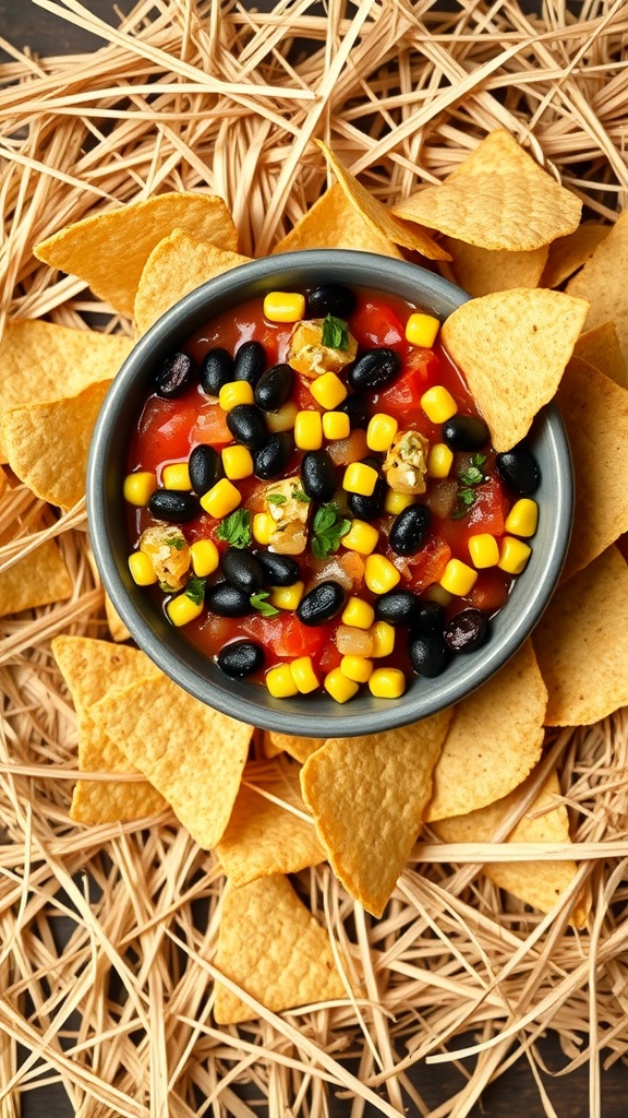 A bowl of cowboy caviar with vegetables and beans surrounded by tortilla chips on straw.