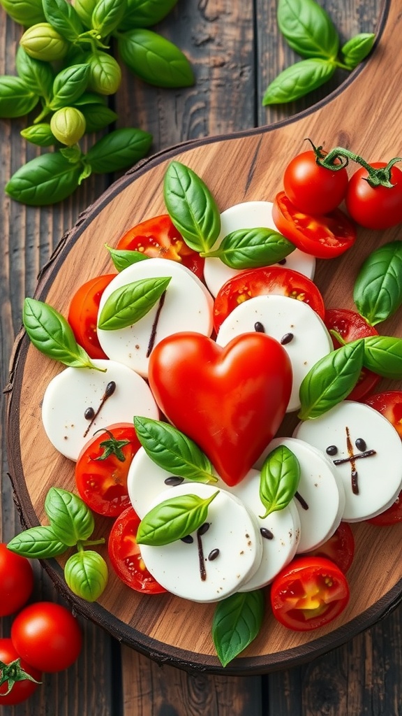 A heart-themed Caprese salad with tomatoes, mozzarella, and basil