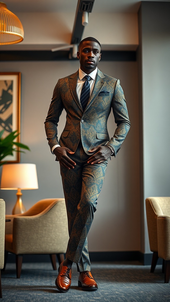 A man in a dapper suit with African detailing, showcasing vibrant patterns and stylish footwear.