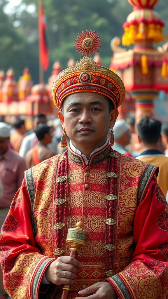 A man dressed in an elaborate traditional outfit with intricate designs, holding a decorative staff.