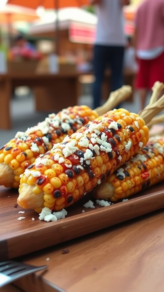 Grilled street corn topped with cotija cheese on a wooden platter.