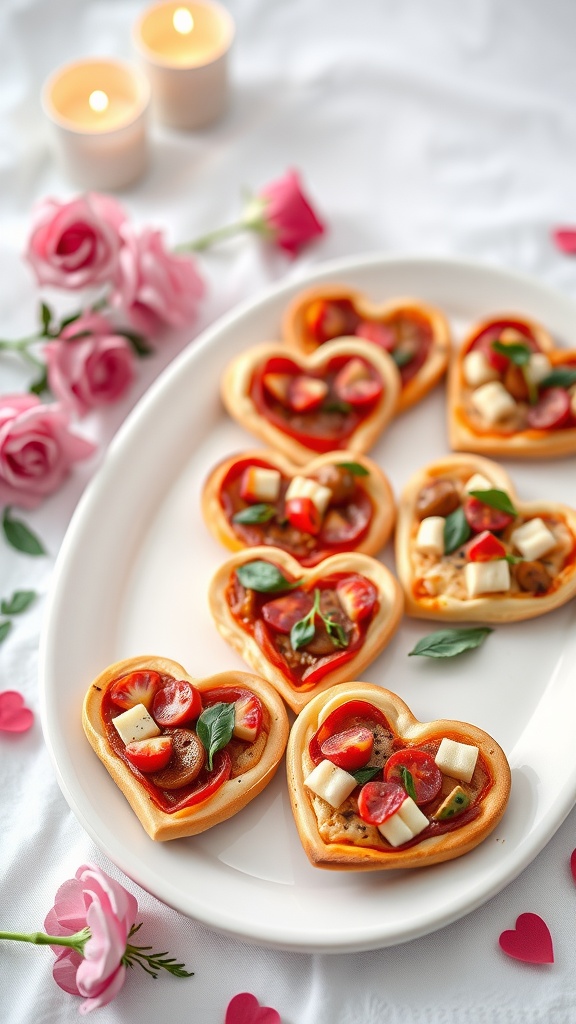 Heart-shaped mini pizzas on a white plate with candles and roses in the background