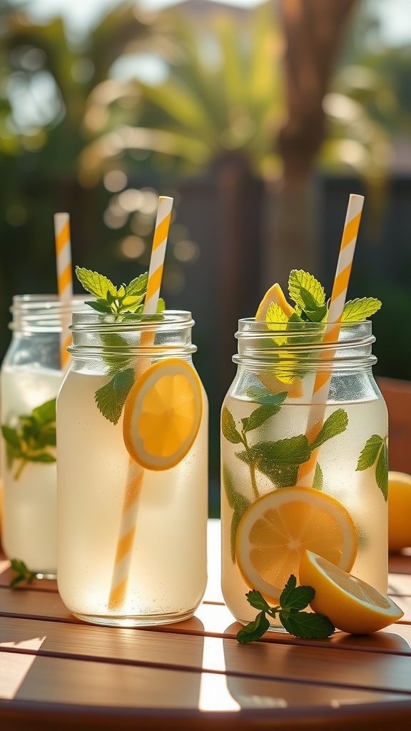 Mason jars filled with lemonade, garnished with mint and lemon slices, on a wooden table.