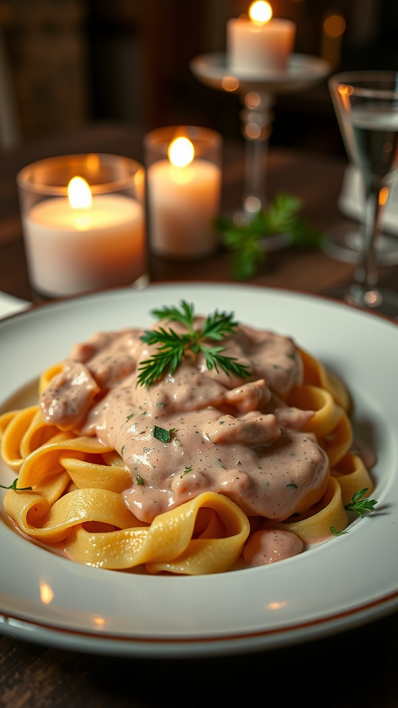 A plate of pasta with rose cream sauce garnished with herbs.