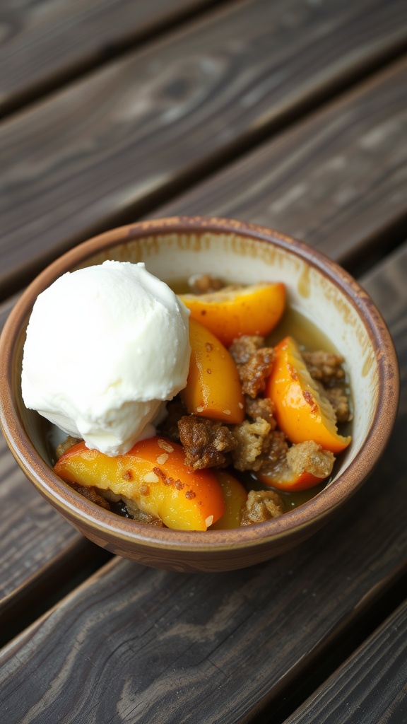 A bowl of peach crisp topped with a scoop of vanilla ice cream on a wooden table.