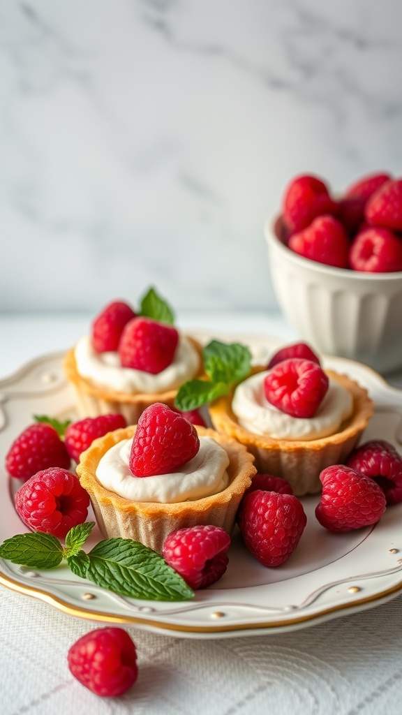 Delicious raspberry cream cheese tartlets topped with fresh raspberries and mint leaves