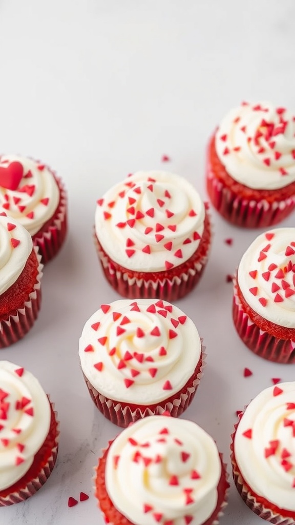 Red velvet cupcakes topped with cream cheese frosting and heart-shaped sprinkles