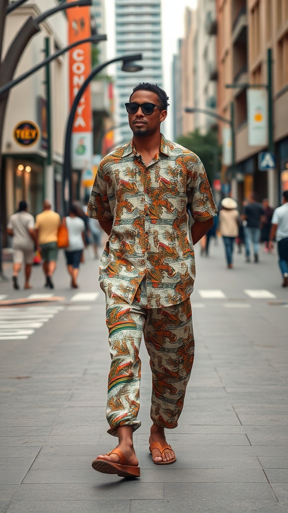 A man wearing a colorful patterned shirt and pants, walking in a city street with a relaxed style.