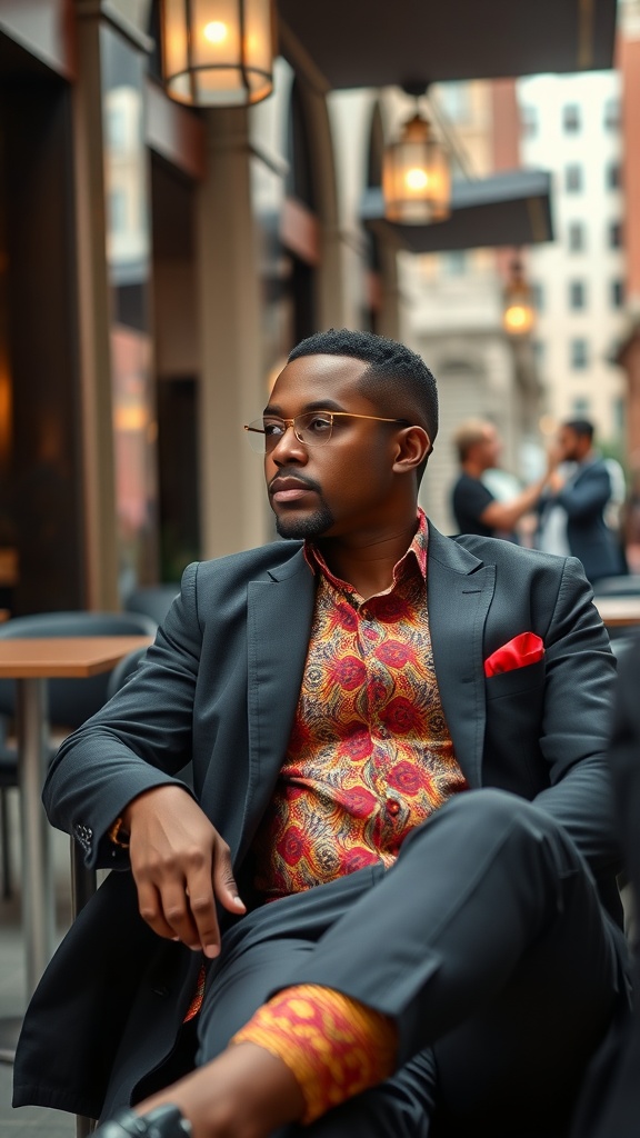 A man in a stylish blazer and Kente fabric shirt, exuding smart casual vibes.