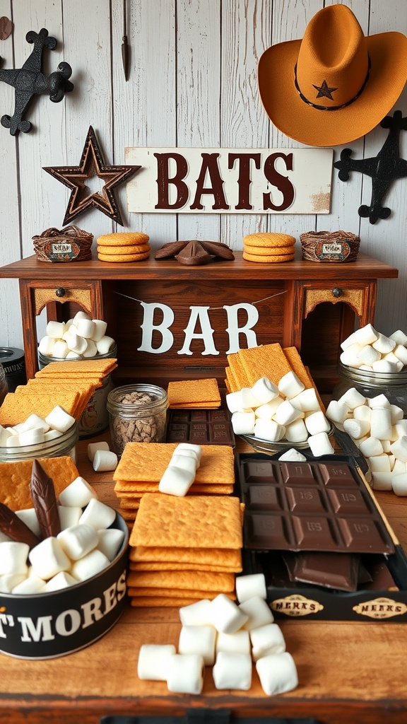 S'mores bar setup with graham crackers, chocolate, marshmallows, and various toppings.