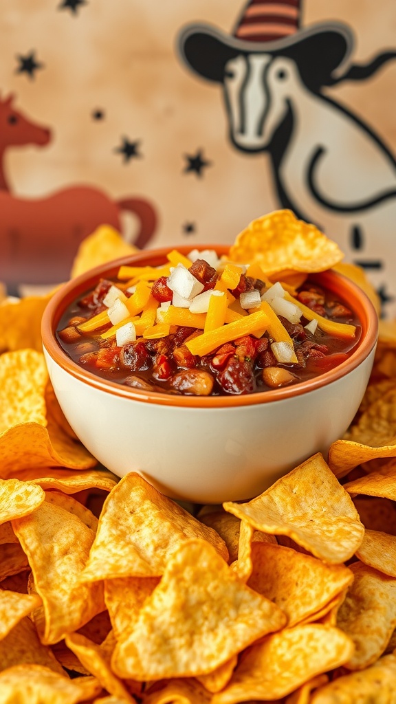 A bowl of spicy chili topped with cheese and onions, surrounded by corn chips.