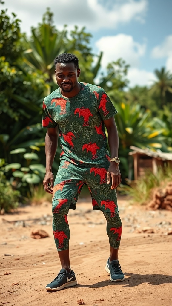 A man in a colorful sporty outfit featuring African prints, smiling in a natural setting.