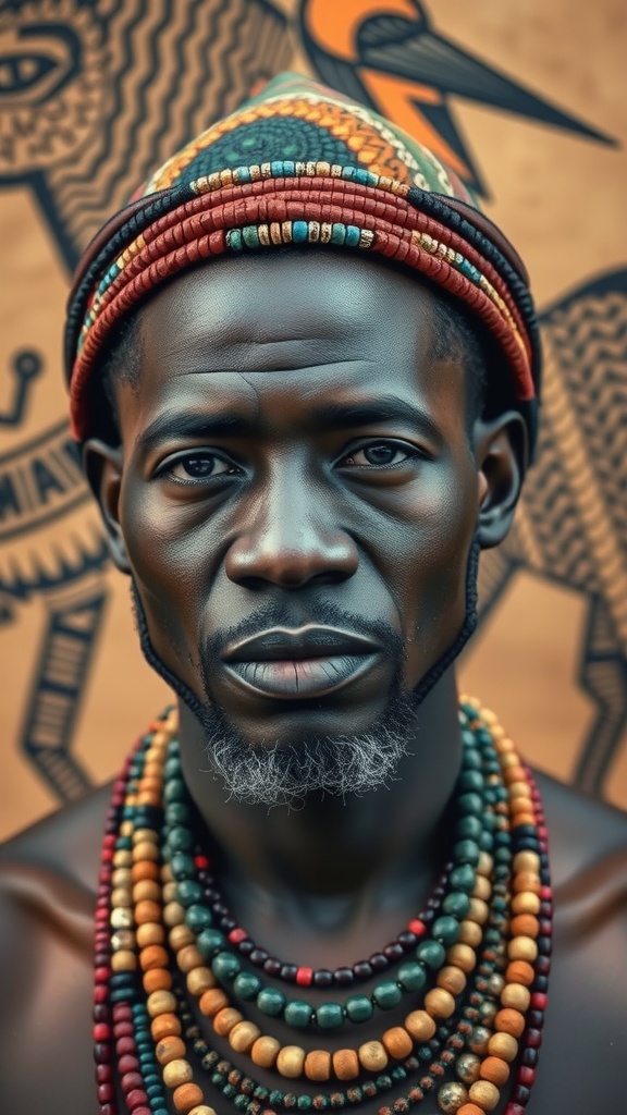 A man wearing colorful beaded necklaces and a patterned hat, showcasing African fashion accessories.