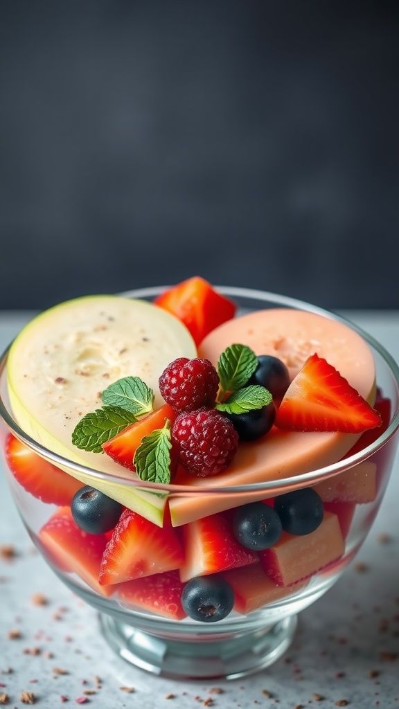 A colorful bowl of mixed fruits including strawberries, blueberries, raspberries, cantaloupe, and honeydew, garnished with mint.