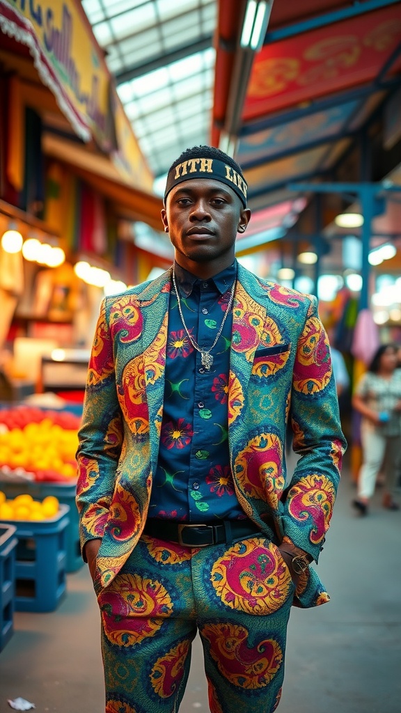 A stylish man wearing a colorful Ankara print suit in a market setting.