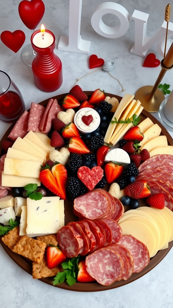 A beautifully arranged Valentine's Day charcuterie board with various cheeses, meats, fruits, and nuts.