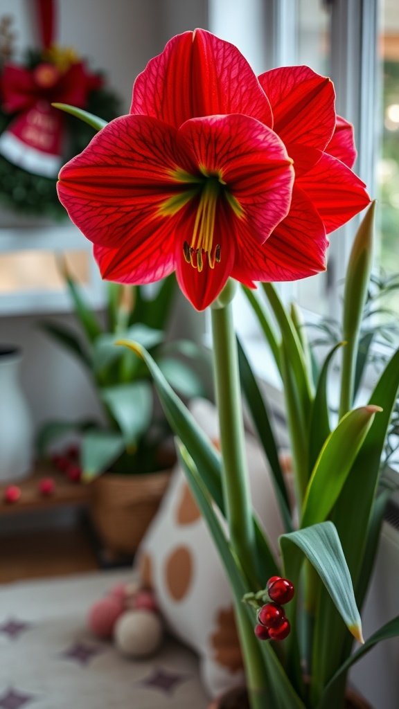A vibrant red Amaryllis flower in a cozy indoor setting