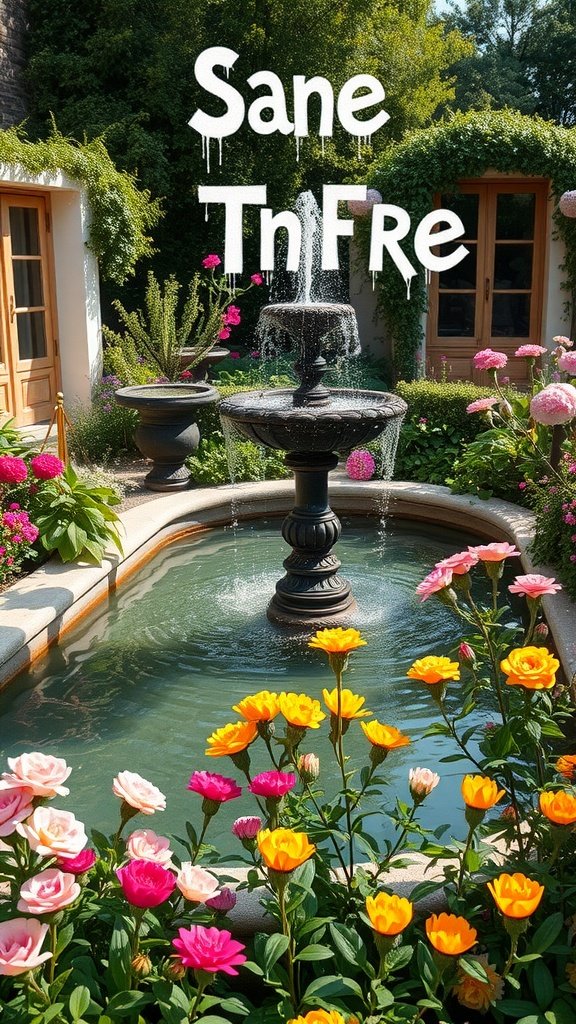 Artistic water feature with colorful flowers in a garden