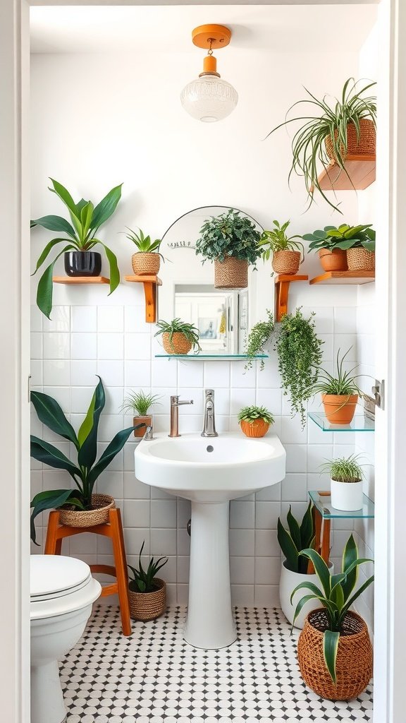 Bathroom decorated with a variety of air plants in pots on shelves and around sink area.