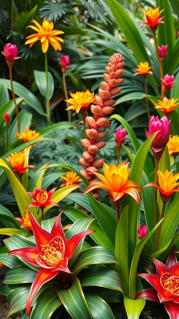 Colorful bromeliads in a tropical garden setting.