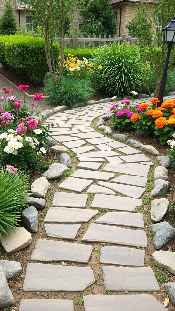 A winding stone pathway surrounded by colorful flowers and greenery in a garden.