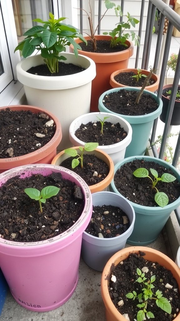 A variety of colorful pots with plants, showcasing different sizes and types of containers.