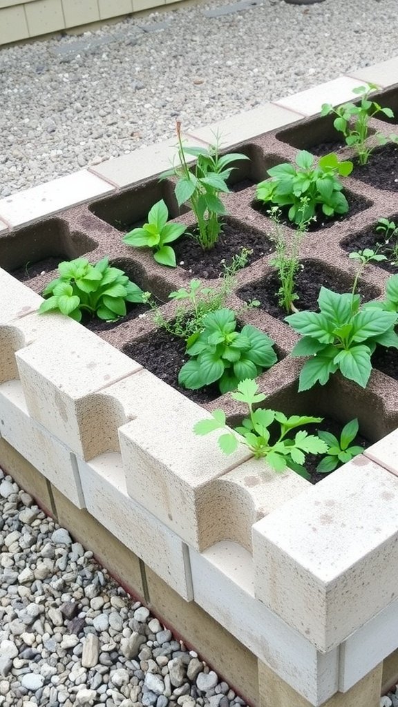 A cinder block herb garden with various plants growing in the sections.