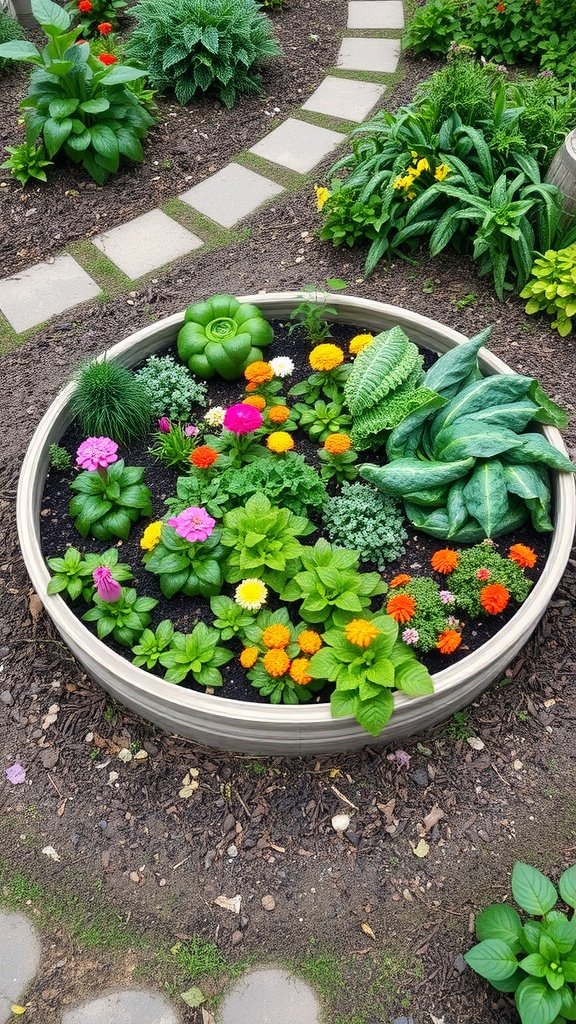 A circular raised garden bed filled with colorful flowers and vegetables.