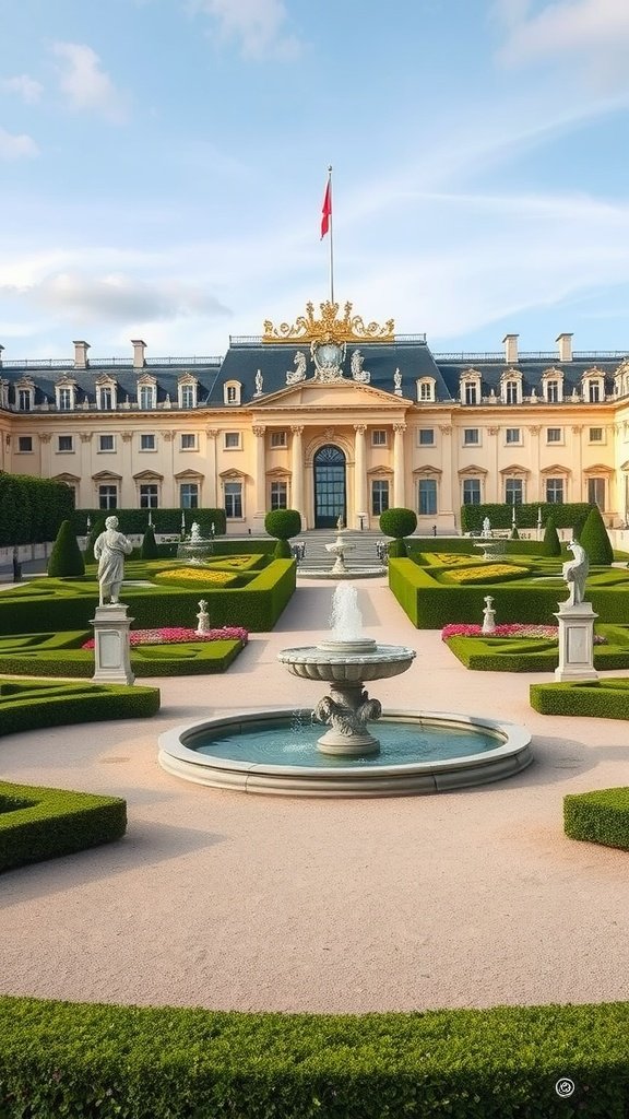 Classical Versailles-inspired garden with manicured hedges, fountains, and a grand building in the background.