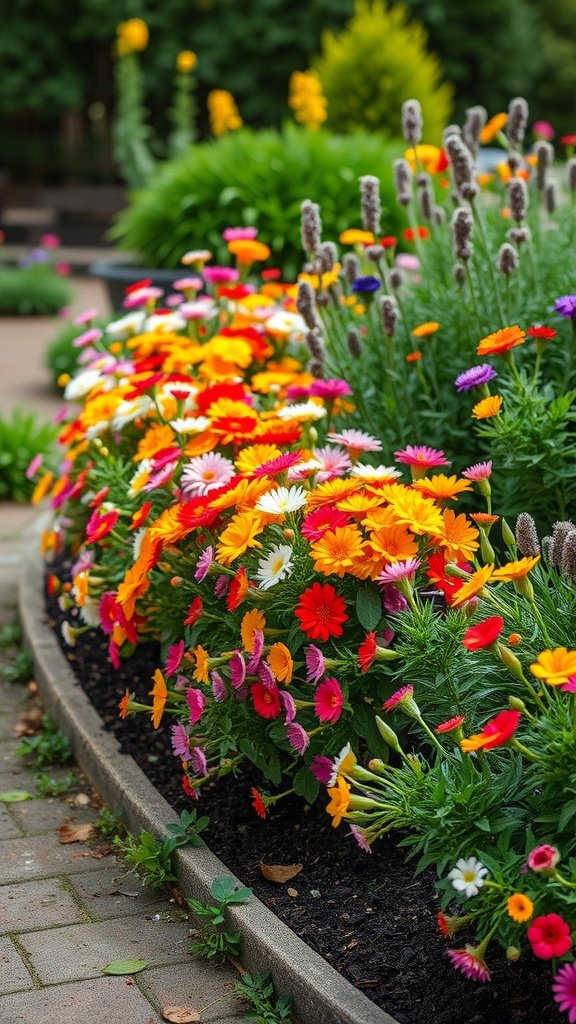 A vibrant flower border featuring a mix of daisies, marigolds, and other colorful blooms.