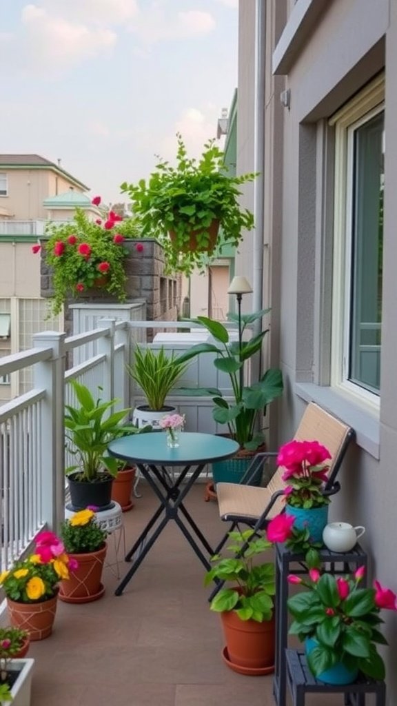 A small balcony with a table and chairs surrounded by colorful plants.