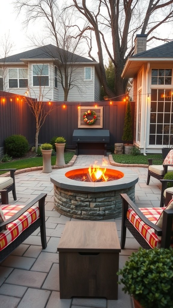 A cozy fire pit area with seating and lights.