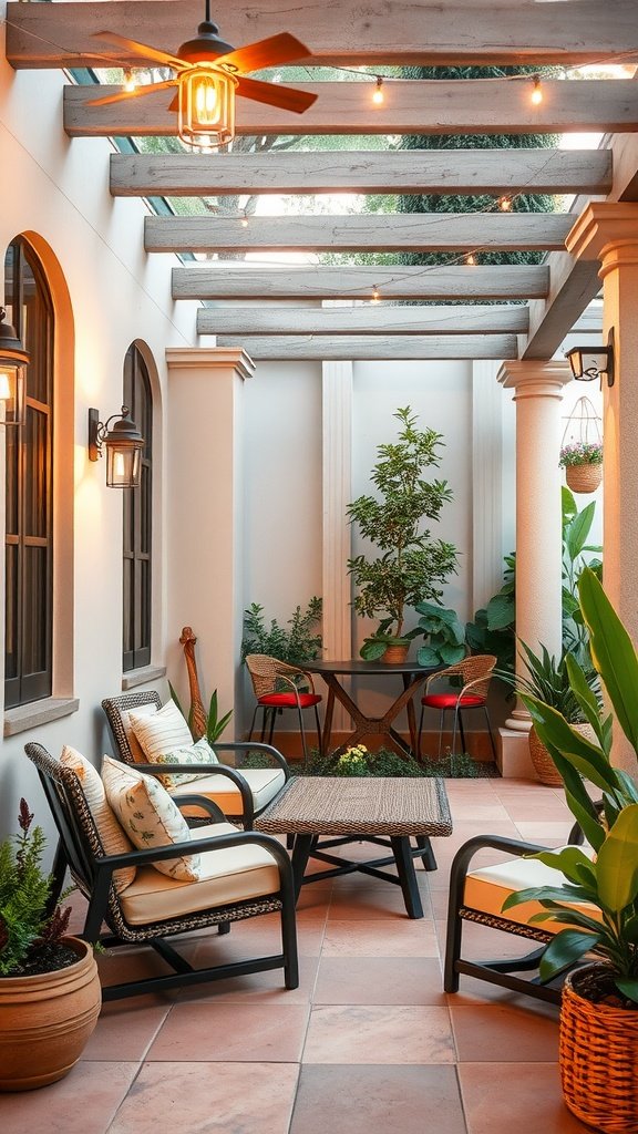Cozy patio with comfortable seating, plants, and string lights.