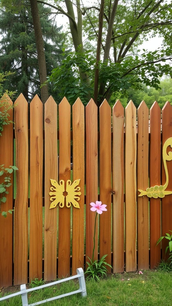 A wooden fence with decorative elements and a pink flower in front.