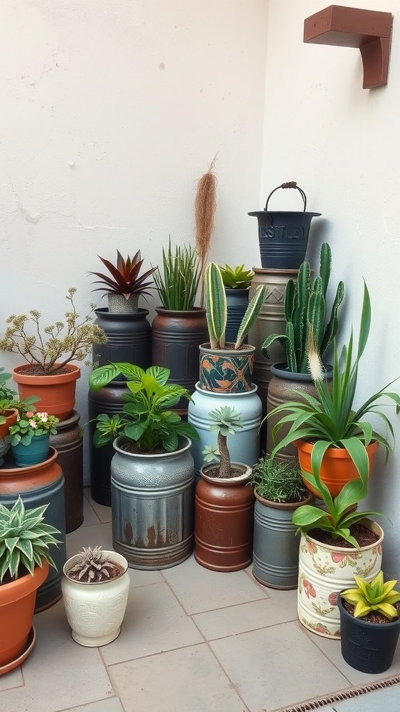 A collection of plants in vintage containers arranged in a cozy corner.