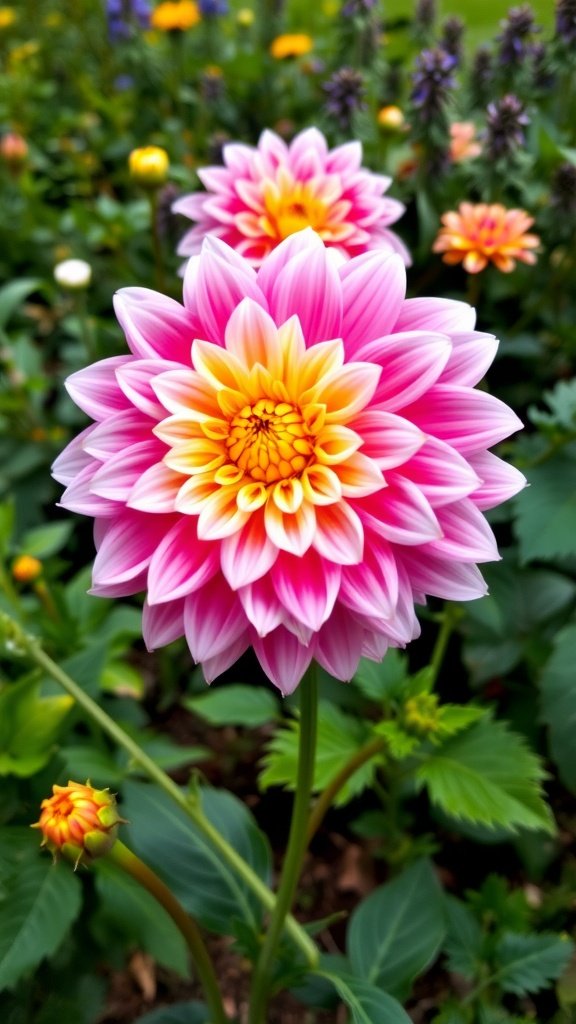 A vibrant pink and yellow dahlia flower with layered petals, surrounded by greenery and other flowers.