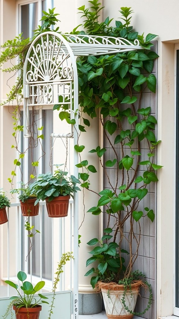 A white decorative trellis adorned with lush green climbing plants and hanging pots on a balcony.