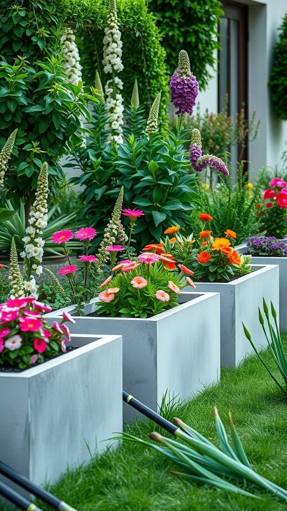 Colorful flowers in concrete planters in a garden setting.