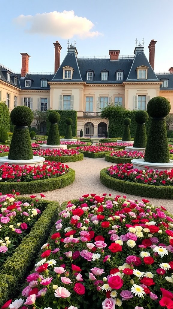 Elegant formal garden with symmetrical flower beds and trimmed hedges.